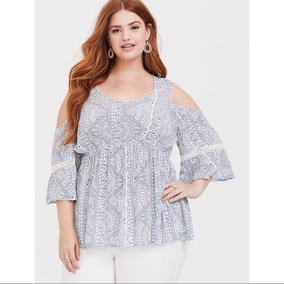 torrid Tops - TORRID Ivory/ Blue Geo-Dot Gauze Cold Shoulder Top